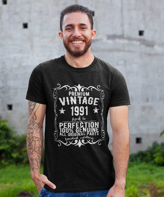 Premium Vintage année 1991, noir, T-shirt à manches courtes et col rond pour hommes, t-shirt cadeau 00347