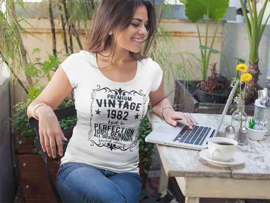 Premium Vintage Année 1982, Blanc, T-shirt à manches courtes et col rond pour femme, t-shirt cadeau 00368