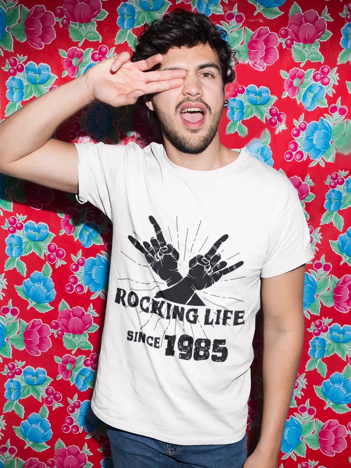 • Rocking Life Since 1985 T-shirt Homme Blanc Cadeau Anniversaire 00400 Col rond