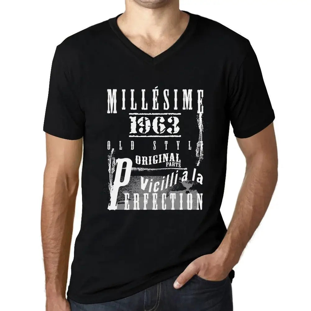 Men's Graphic T-Shirt V Neck Vintage Aged to Perfection 1963 – Millésime Vieilli à la Perfection 1963 – 61st Birthday Anniversary 61 Year Old Gift 1963 Vintage Eco-Friendly Short Sleeve Novelty Tee