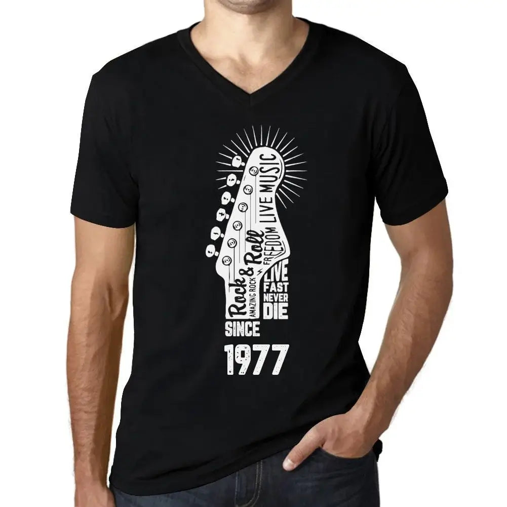 Men's Graphic T-Shirt V Neck Live Fast, Never Die Guitar and Rock & Roll Since 1977 47th Birthday Anniversary 47 Year Old Gift 1977 Vintage Eco-Friendly Short Sleeve Novelty Tee