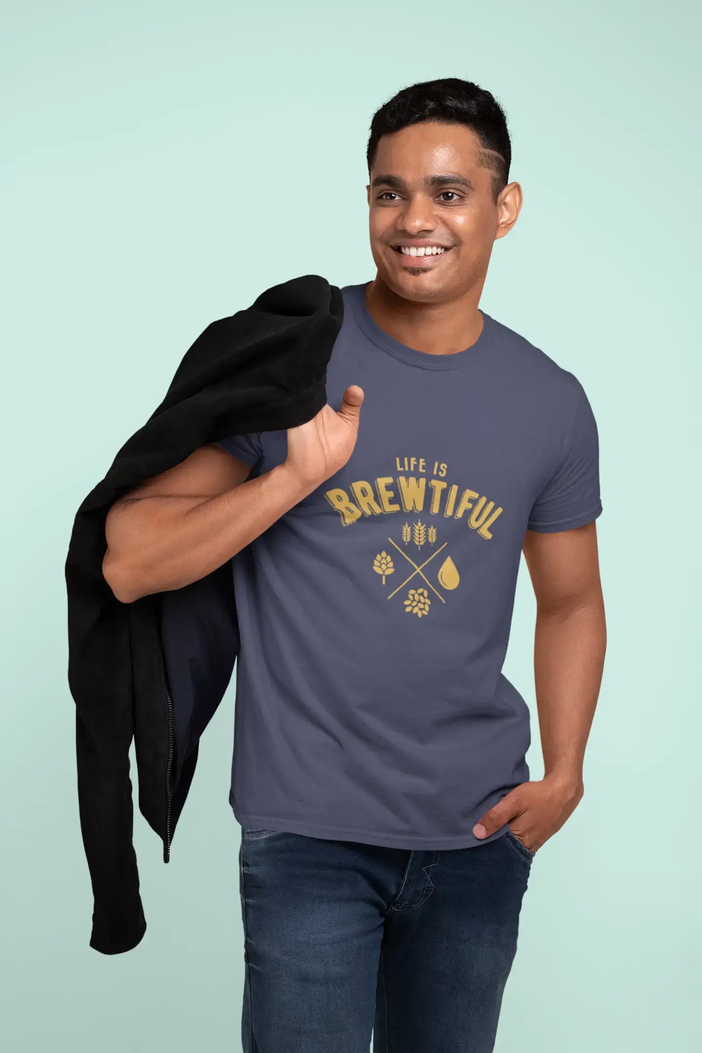 Graphic Unisex Life is Brewtiful T-Shirt Beer Casual Men's Tee Navy