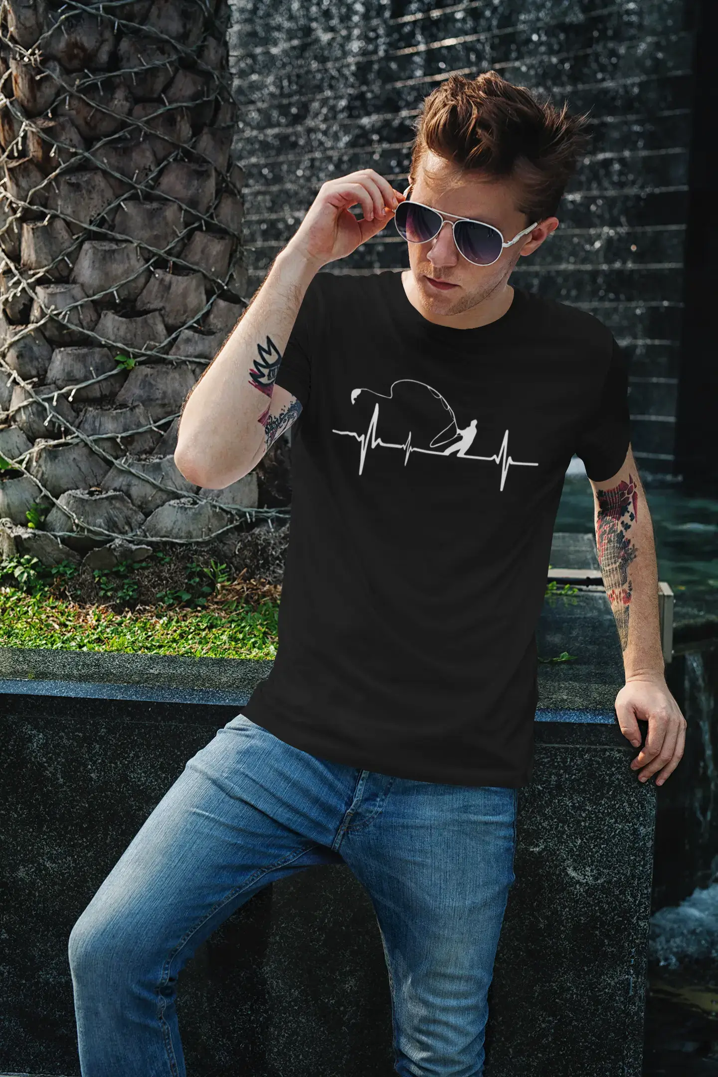 ULTRABASIC - White Graphic Printed Men's Fisherman
 Heartbeat T-Shirt Deep Black