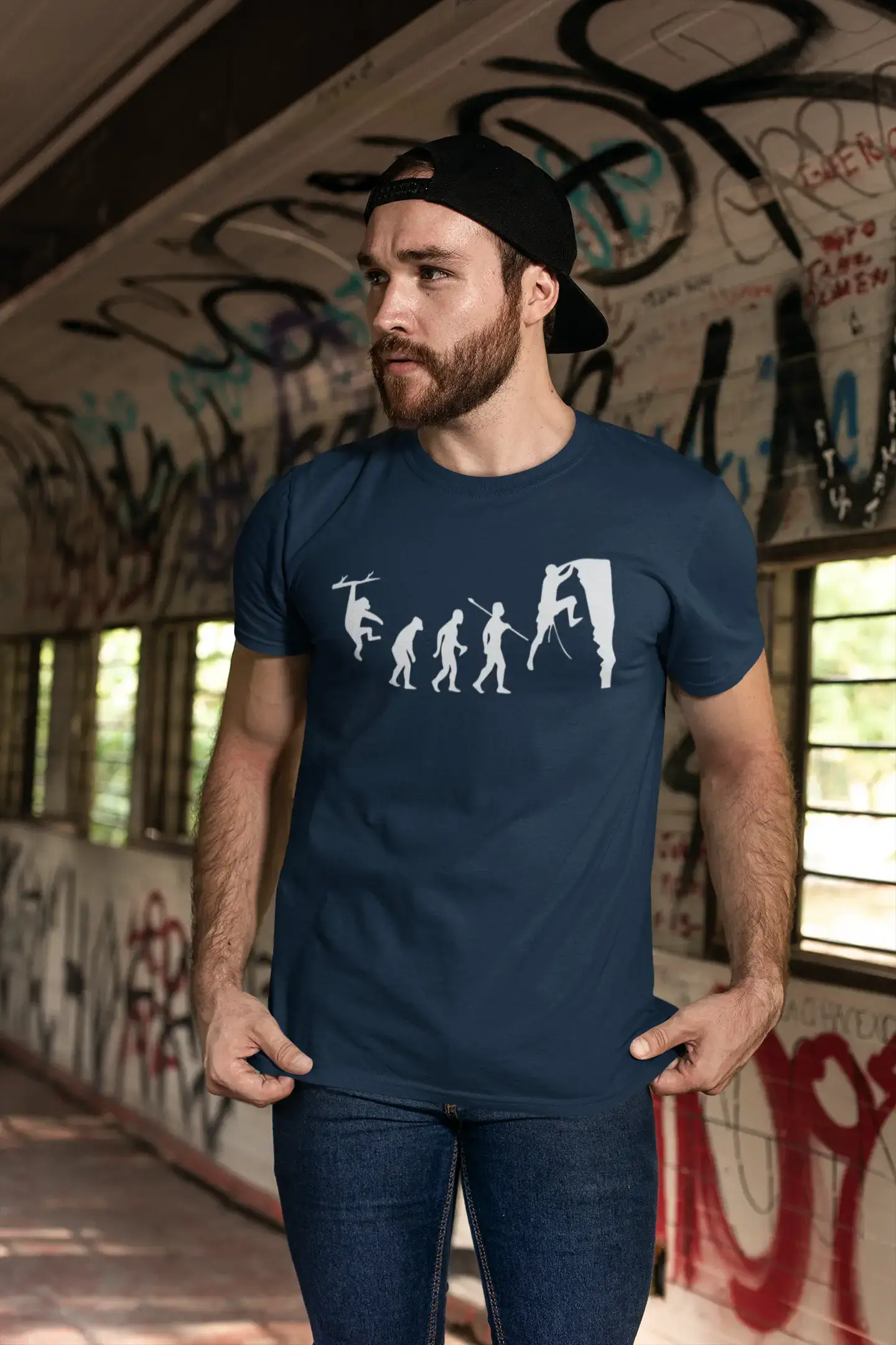 ULTRABASIC - Graphic Printed Men's Climbing Evolution T-Shirt Navy