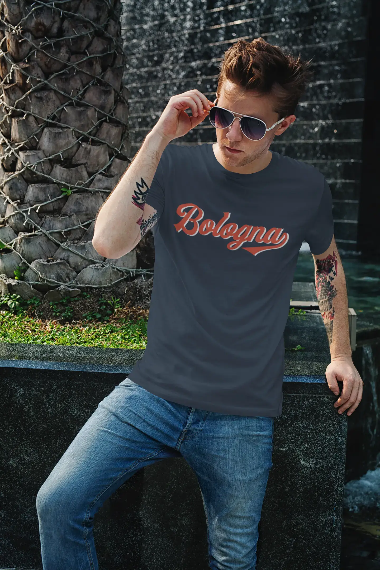 ULTRABASIC - Graphic Men's Bologna T-Shirt Printed Letters Denim