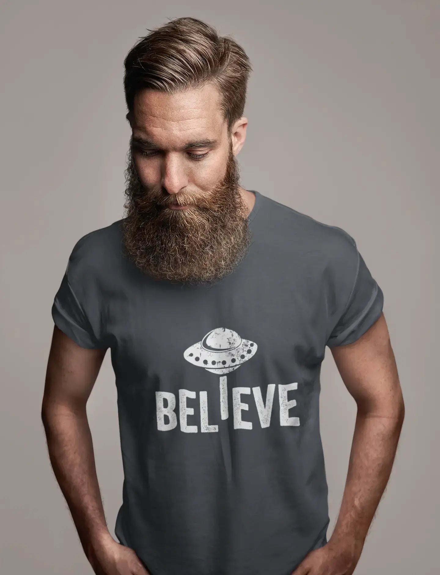 ULTRABASIC - Graphic Men's Believe UFO Alien T-Shirt Funny Casual Letter Print Tee Vintage White