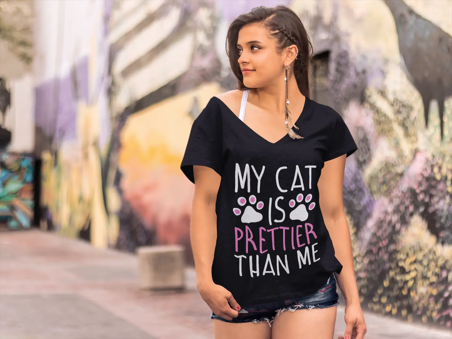 ULTRABASIC Women's T-Shirt My Cat Is Prettier Than Me - Funny Kitten Shirt for Cat Lovers