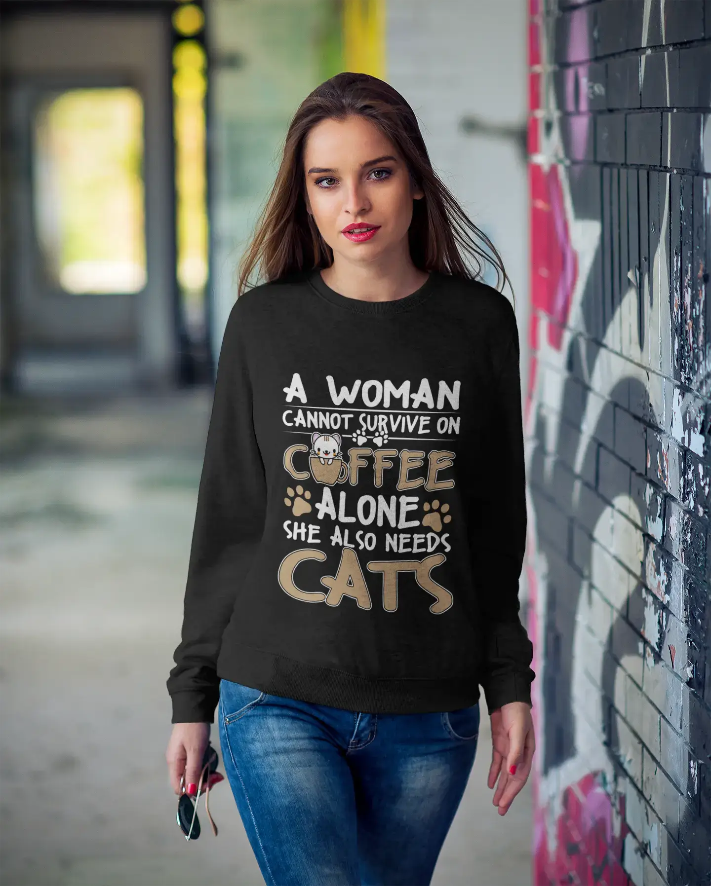 ULTRABASIC Women's Sweatshirt She Also Needs Cats - Cute Cat In Cup of Coffee