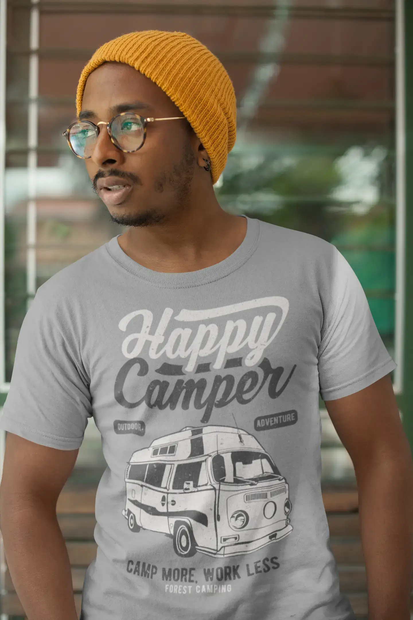 ULTRABASIC Men's T-Shirt Happy Camper Camp More Work Less - Outdoor Adventure Tee Shirt