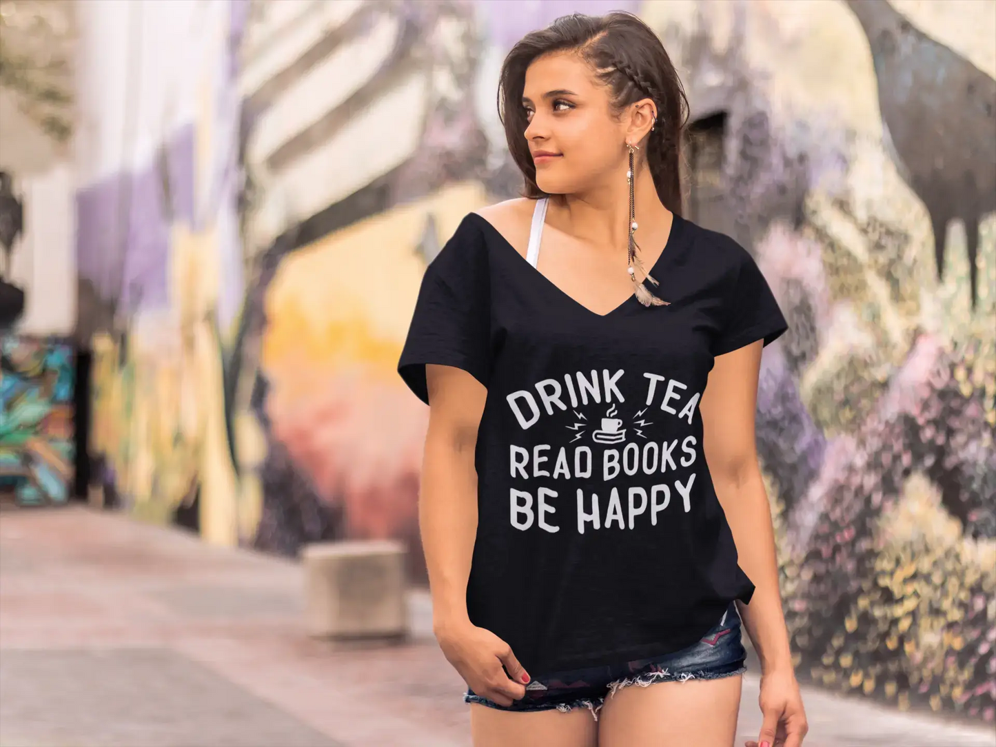 ULTRABASIC Women's T-Shirt Drink Tea Read Books be Happy - Short Sleeve Tee Shirt Tops