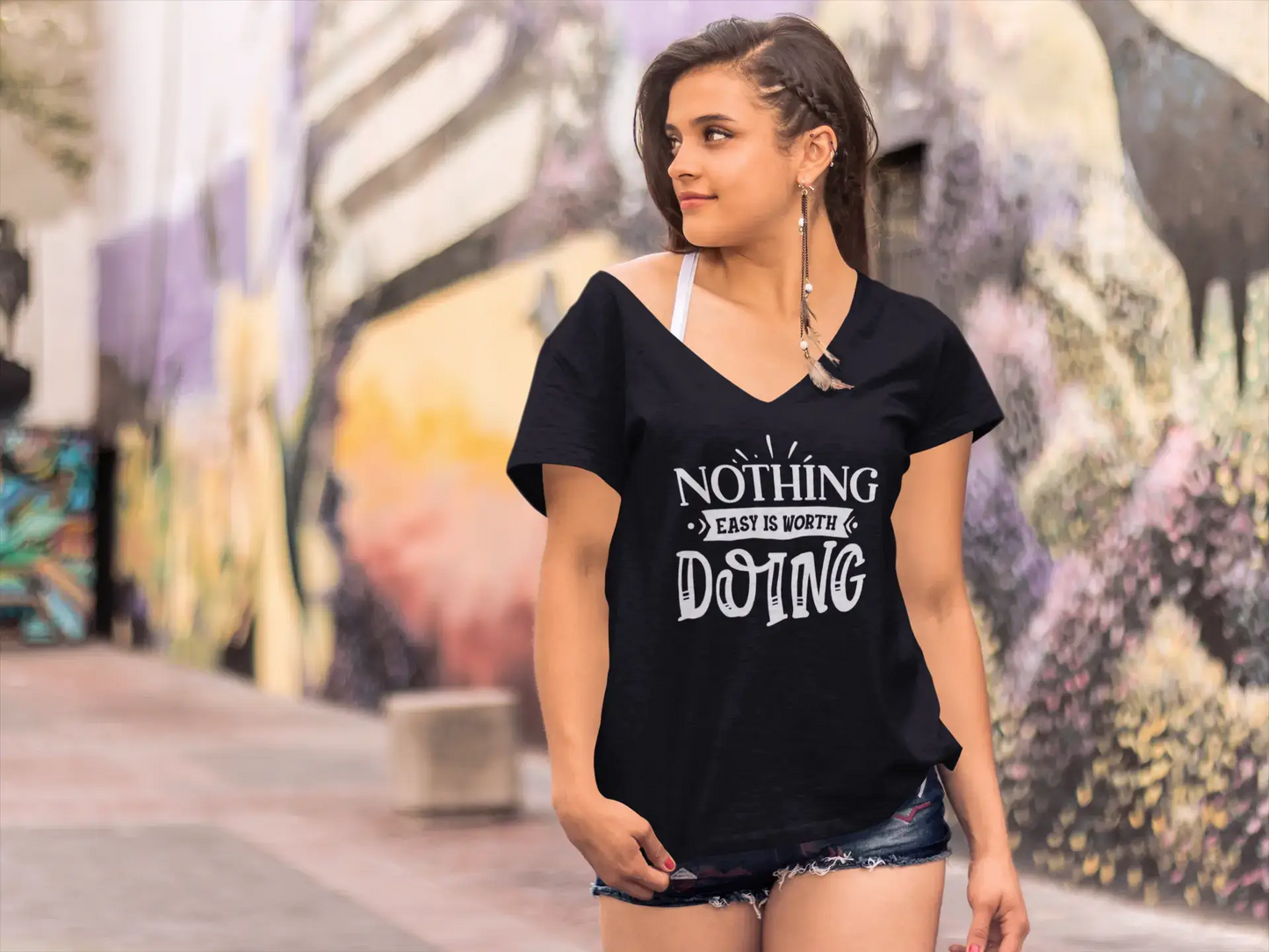 ULTRABASIC Women's T-Shirt Nothing Easy is Worth Doing - Slogan Short Sleeve Tee Shirt Tops