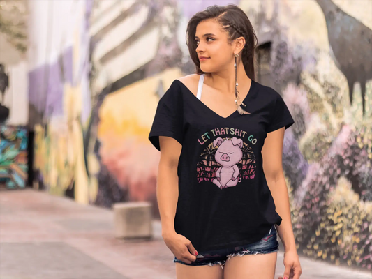 ULTRABASIC Damen-T-Shirt „Farm Pig Let That Shit Go – Lustiges Yoga-Frieden“ mit V-Ausschnitt