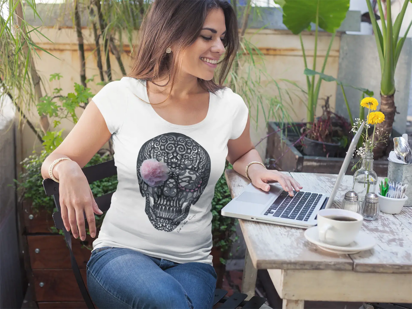 Flower Skull t-shirt Short-Sleeve Top celebrity