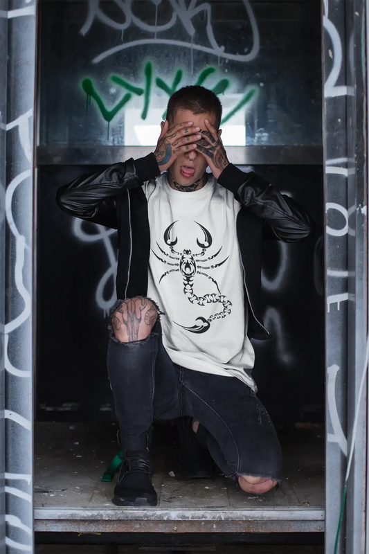 Tatouage Tribal Scorpion, tee-shirt blanc homme, 100% coton col rond 00162