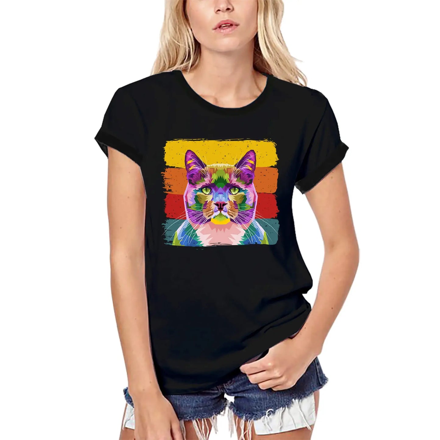 Women's Graphic T-Shirt Organic Retro Cat Art Eco-Friendly Ladies Limited Edition Short Sleeve Tee-Shirt Vintage Birthday Gift Novelty