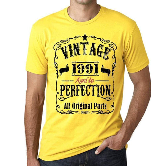 1991 Vintage Aged To Perfection Mens T-Shirt Yellow Birthday Gift 00487 - Yellow / Xs - Casual