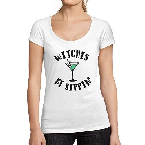 Ultrabasic - Tee-Shirt Femme col Rond Décolleté Witches Be Sippin Halloween Lettre T-Shirt imprimé Blanco