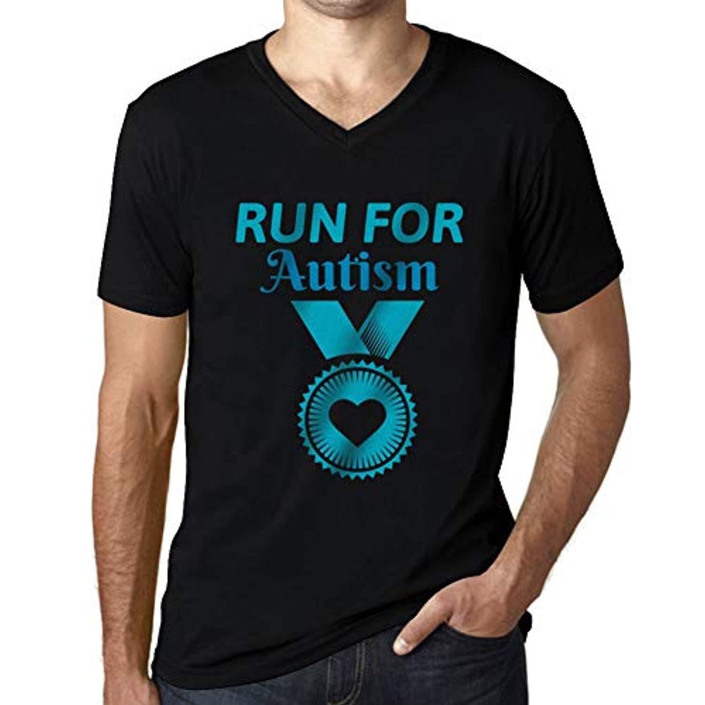 Ultrabasic T-shirt graphique à col en V pour hommes Run for Autism <span>Noir profond</span>