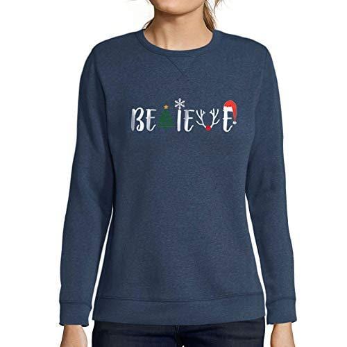 Ultrabasic - Femme Imprimé Graphique Sweat-Shirt Arbre de Noël Idées Cadeaux de Noël Denim