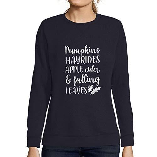 Ultrabasic - Femme Imprimé Graphique Sweat-Shirt Pumpkins Hayrides Apple Cider and Falling Leaves French Marine