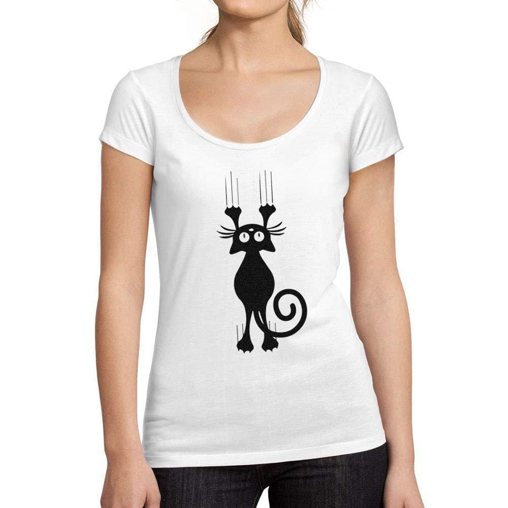 Ultrabasic - Tee-Shirt Femme col Rond Décolleté Chat Marrant Blanc