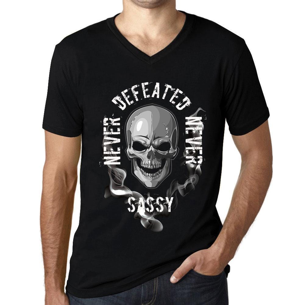 Men&rsquo;s Graphic V-Neck T-Shirt Never Defeated, Never SASSY Deep Black - Ultrabasic