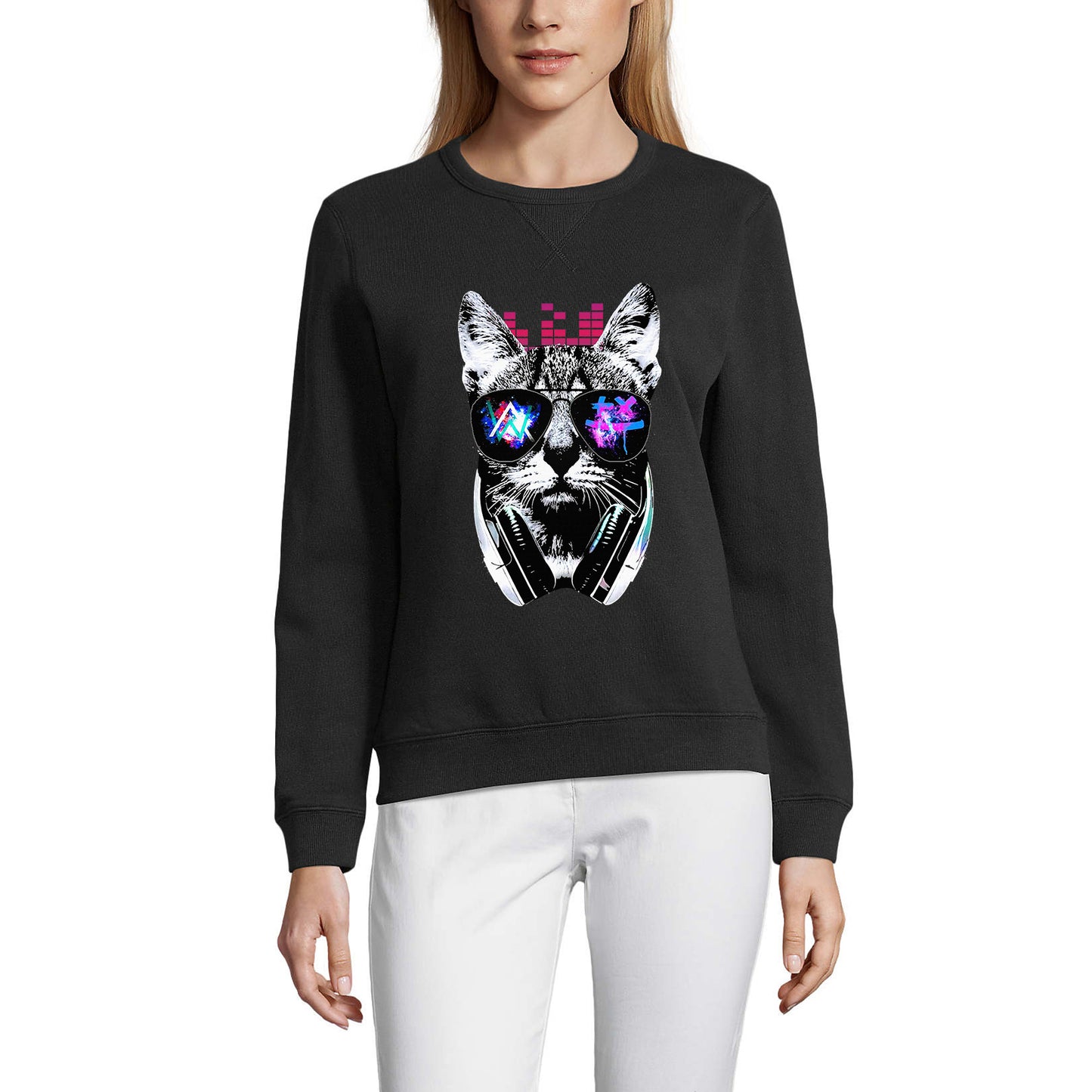 ULTRABASIC Women's Sweatshirt Music Cat DJ - Kitten Funny Sweater for Ladies