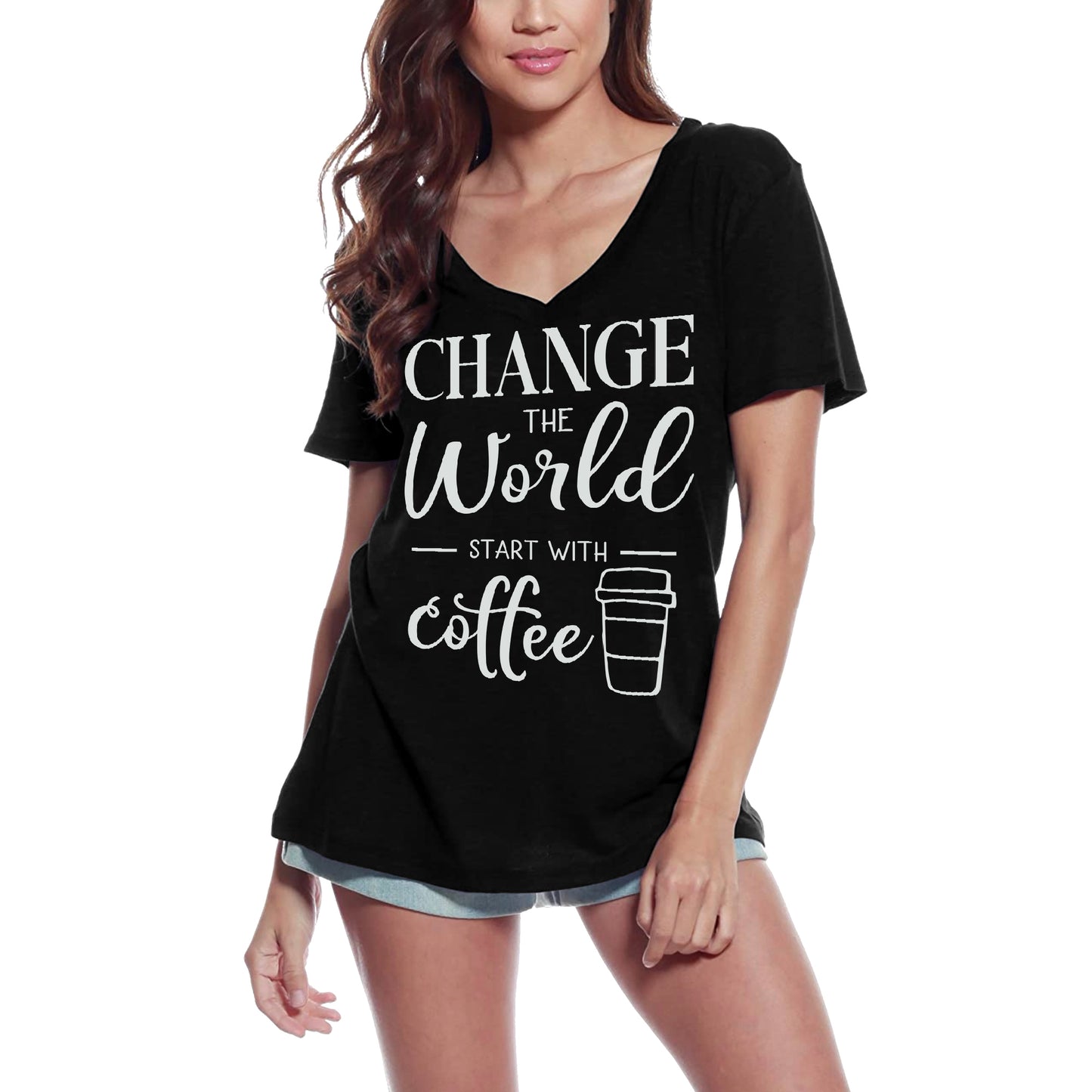 ULTRABASIC Damen-T-Shirt „Change the World Start With Coffee“ – Kurzarm-T-Shirt-Oberteile