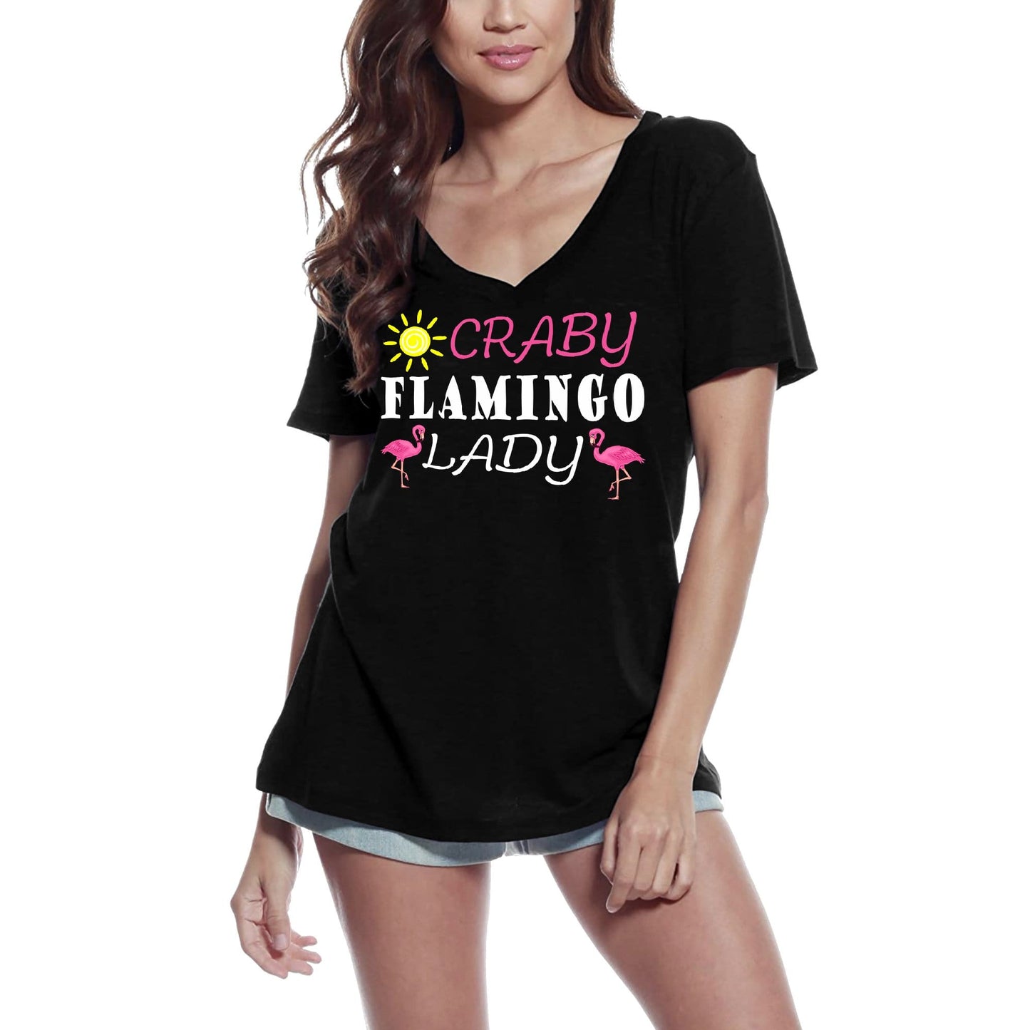 ULTRABASIC Women's V Neck T-Shirt Crazy Flamingo Lady Funny Tee Shirt