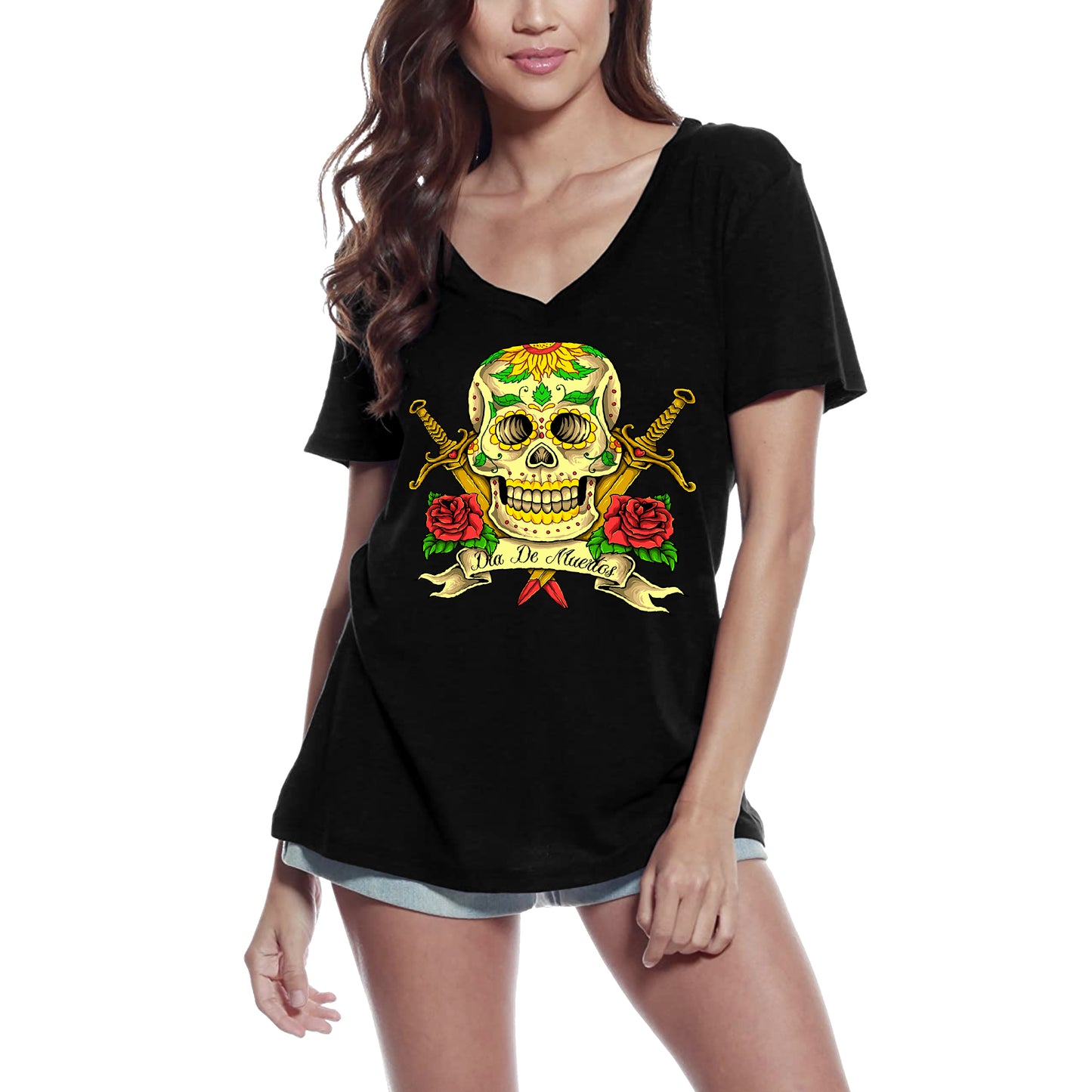 ULTRABASIC Women's V Neck T-Shirt Lady Skull With Flowers - Golden Swords