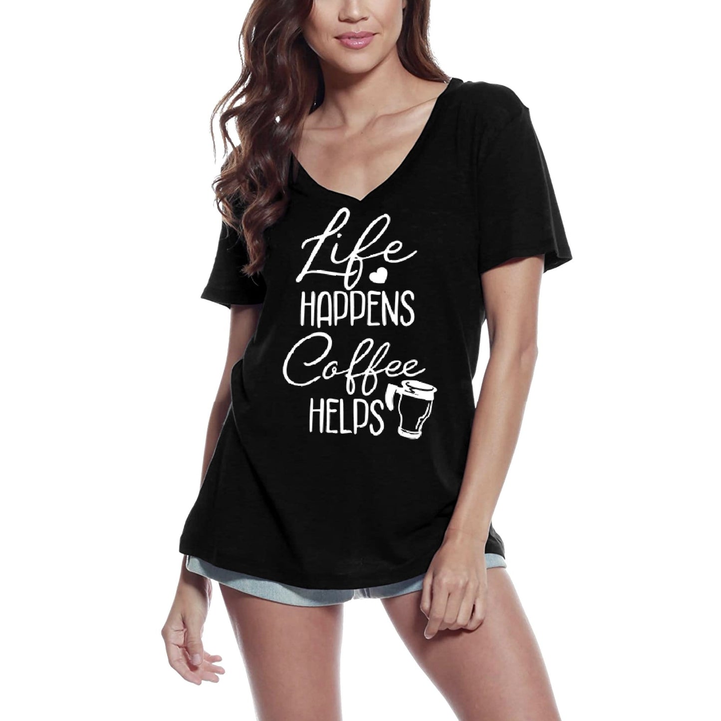 ULTRABASIC Damen T-Shirt Life Happens Coffee Helps – Kurzarm-T-Shirt-Oberteile