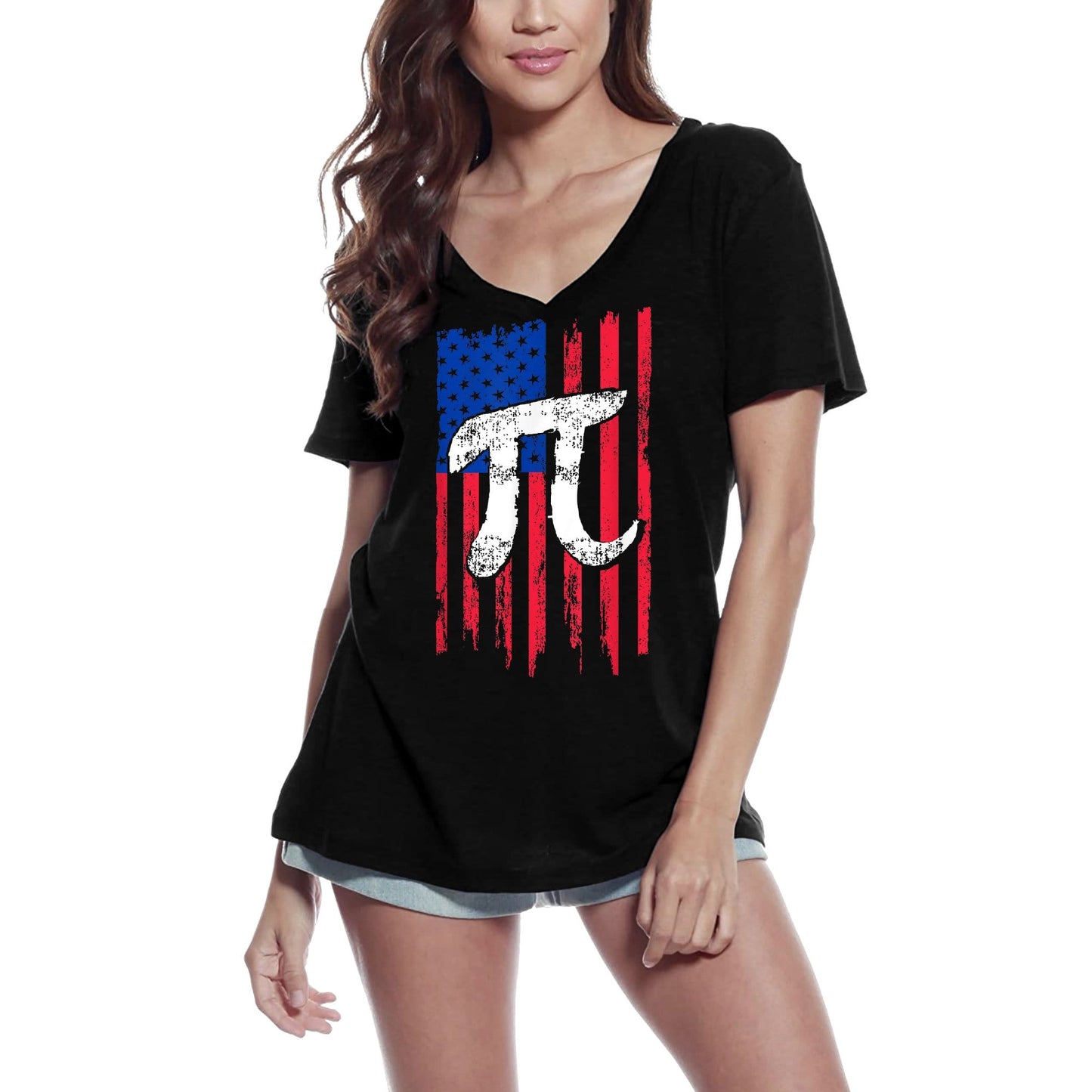 ULTRABASIC Women's V-Neck T-Shirt Pi Number US Flag - Math Lover Teachers Tee Shirt