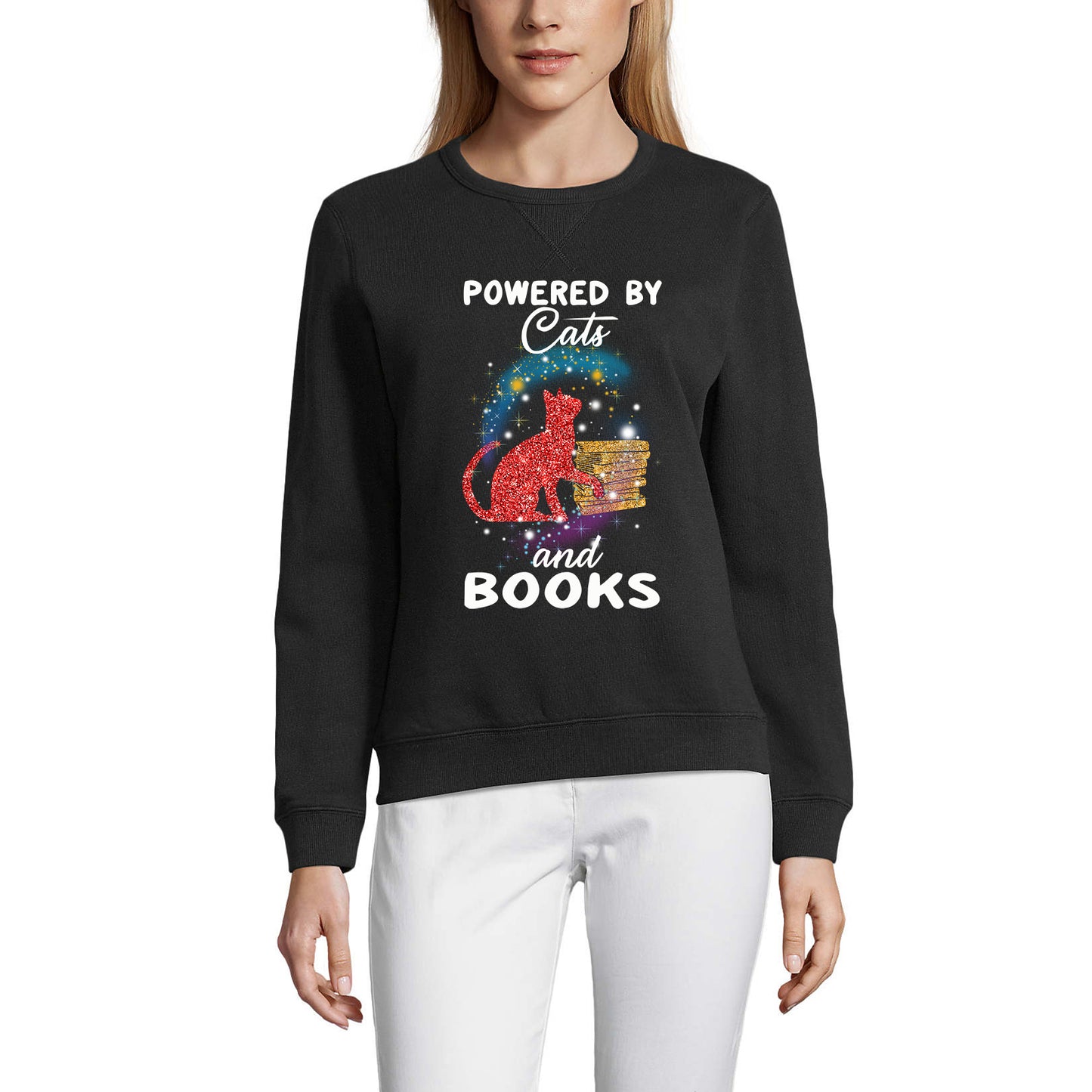 ULTRABASIC Damen-Sweatshirt Powered by Cats and Books – Katzenliebhaber