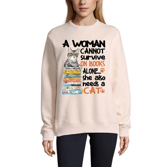 ULTRABASIC Damen-Sweatshirt She Also Needs Cat – Süße Katze mit Büchern