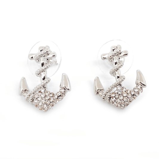 Boucles d'oreilles ancre marine couleur argent, strass argent&eacute;s cadeau - Ultrabasic