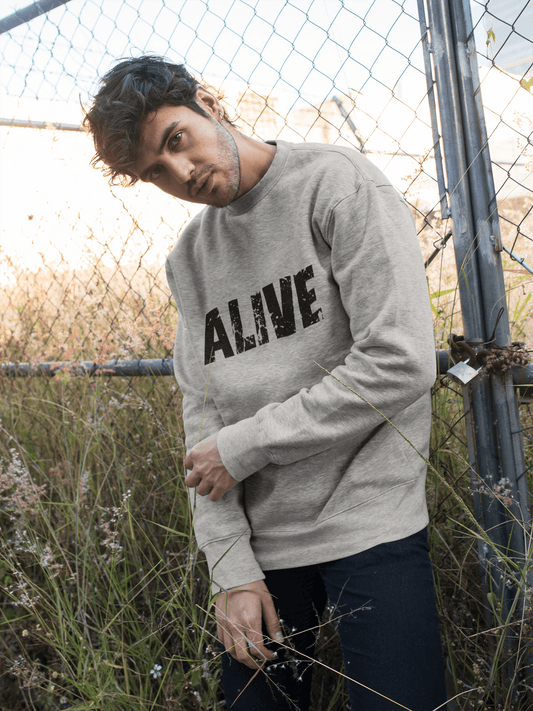 • Unisex-Kapuzenpullover aus Baumwolle mit grafischem Aufdruck „Popular Words ALIVE“ in Graumeliert