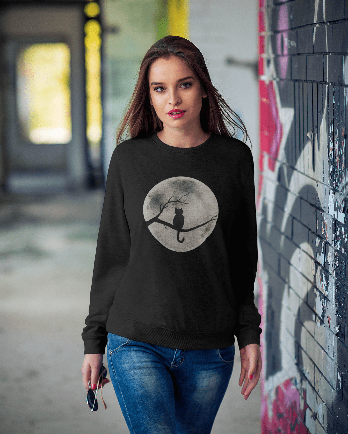 ULTRABASIC Women's Sweatshirt Funny Cat Moon - Cute Kitty Sweater for Ladies