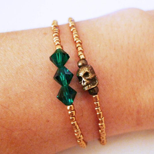 Emerald Bead Gold Skull Bracelet