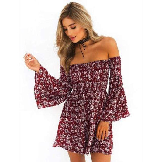 Fashion Summer Dress 2018 Women New off shoulder Short Beach Wear Casual Flare Sleeve Evening Party Mini Dresses vestidos bordad - Ultrabasic