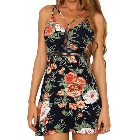 Fashion Summer  Floral Print Dress Sexy Cross Spaghetti Strap Women's Mini Dress White Black dress vestidos - Ultrabasic