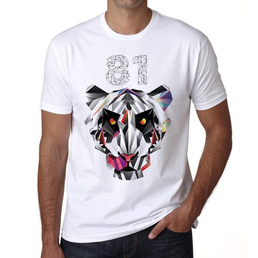 Geomtric Tiger Number 81 White Mens Short Sleeve Round Neck T-Shirt 00282 - White / S - Casual