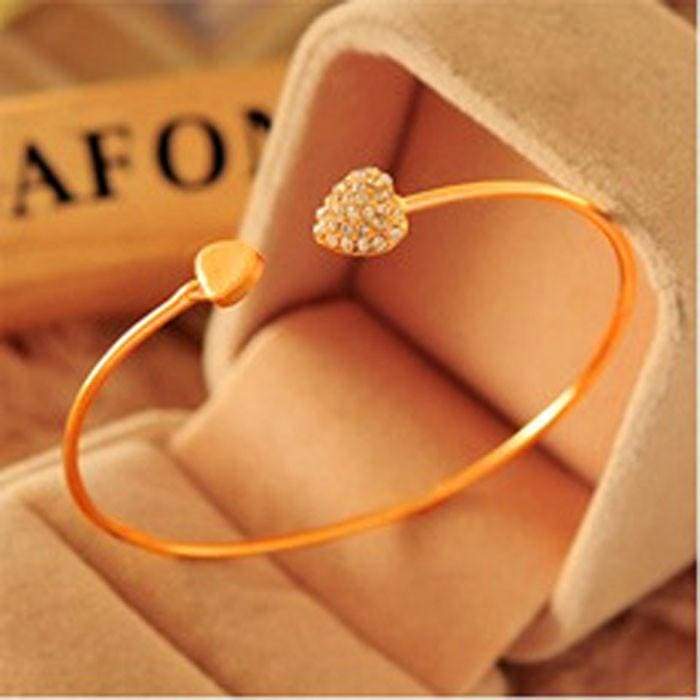 Girl Simple Love Heart Rhinestone Open Bangle Bracelet - Ultrabasic