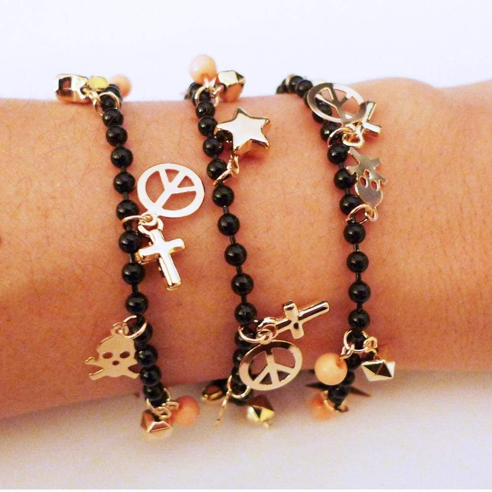 Gold Skull Crucifix Star Peace Black Beads Bracelet