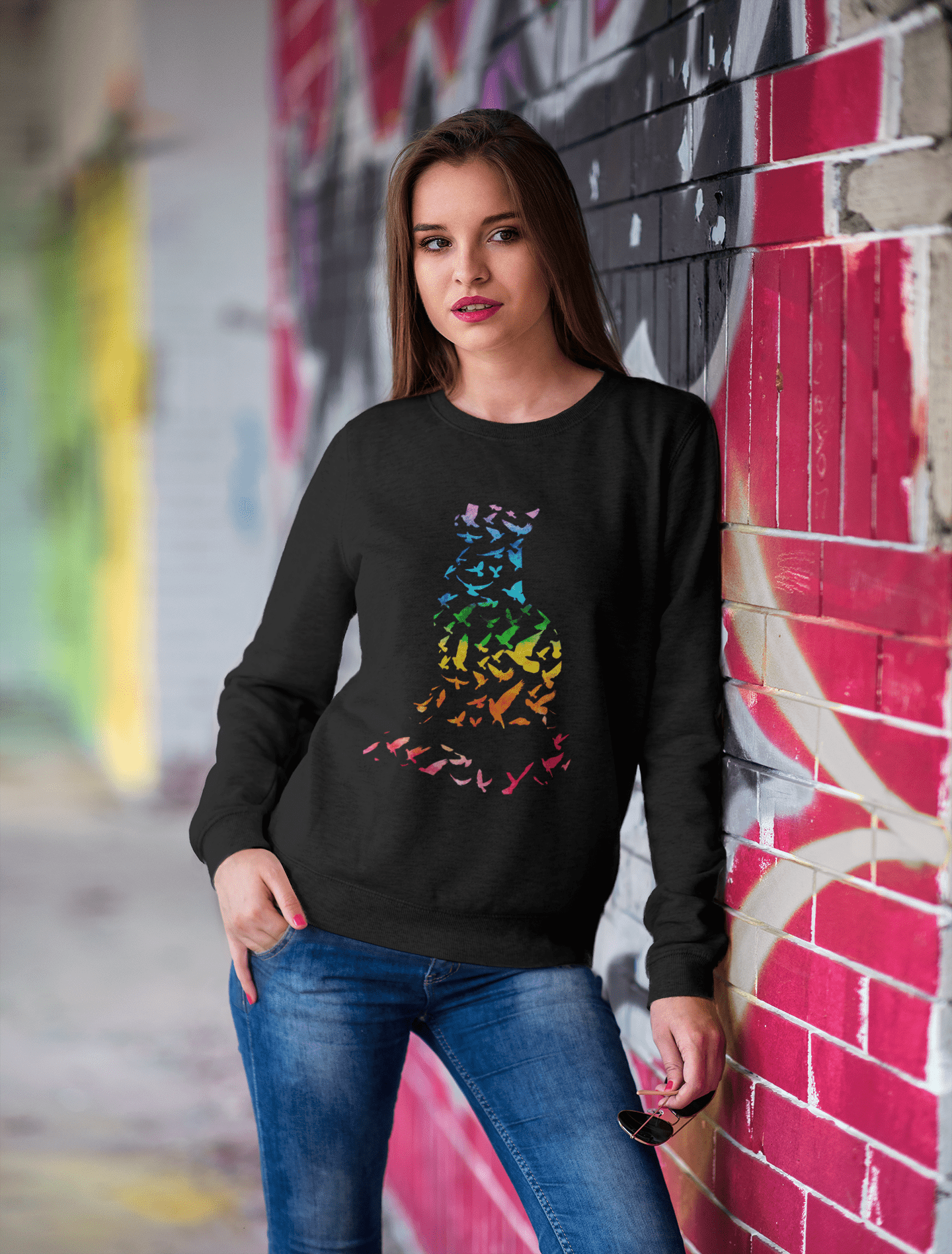 ULTRABASIC Damen-Sweatshirt Katze und Vogel bunt – Kätzchen-lustiger Pullover für Damen