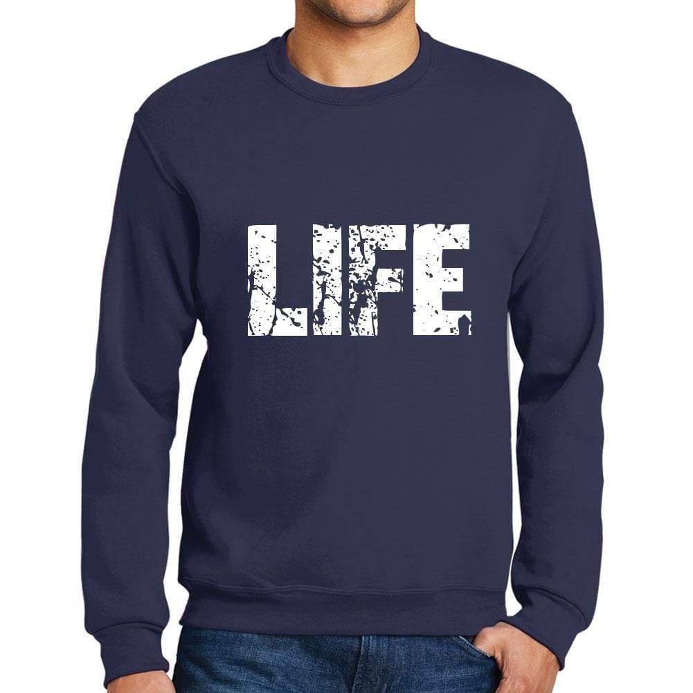 Mens Printed Graphic Sweatshirt Popular Words Life French Navy - French Navy / Small / Cotton - Sweatshirts