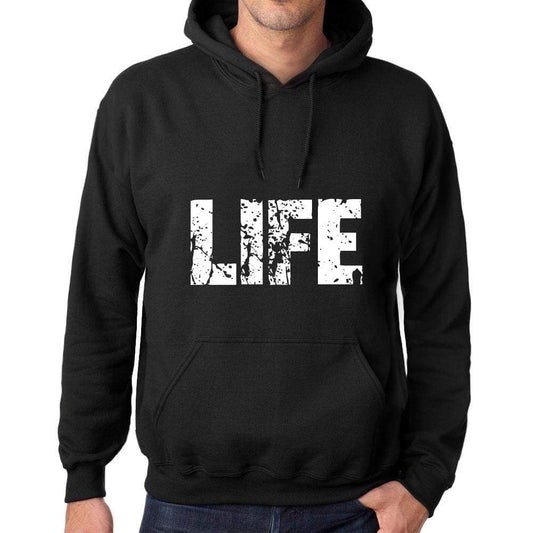 Mens Womens Unisex Printed Graphic Cotton Hoodie Soft Heavyweight Hooded Sweatshirt Pullover Popular Words Life Deep Black - Black / Xs /