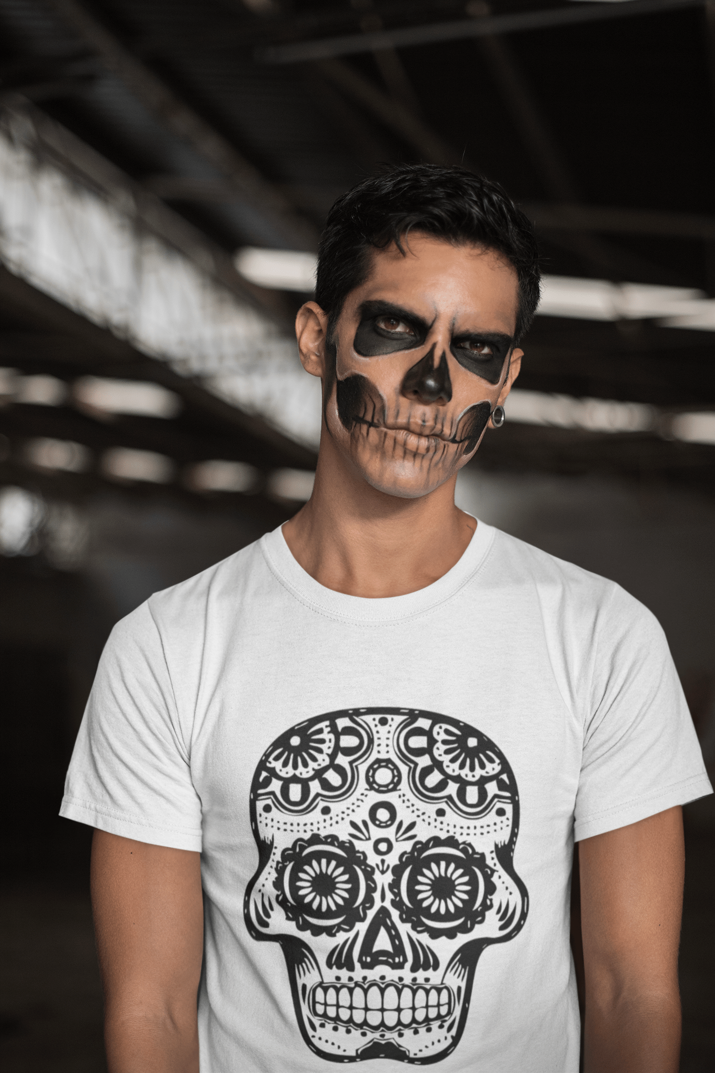 Jour des morts crâne noir et blanc 1, T-shirt blanc homme, 100% coton 00187