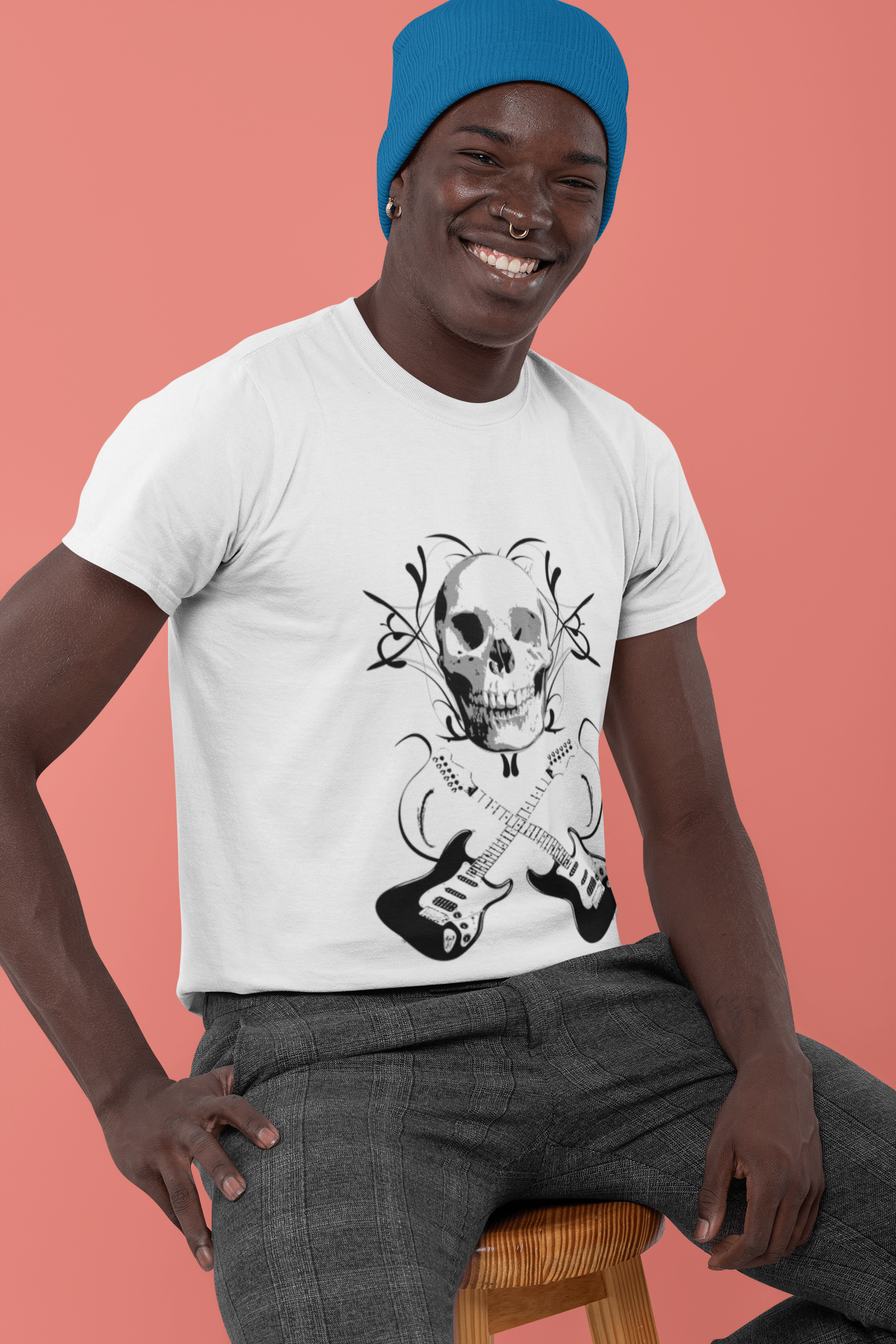 Skull Guitar, Men's White tee, 100% Cotton Round Neck 00187