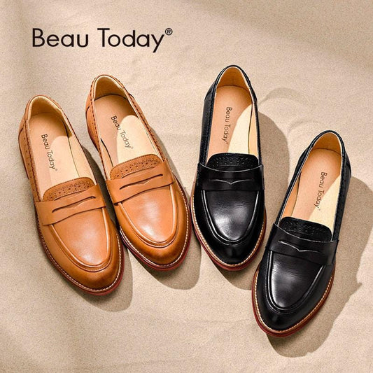 BeauToday Penny mocassins femmes en peau de mouton mocassin en cuir véritable sans lacet bout pointu chaussures plates grande taille à la main 27013