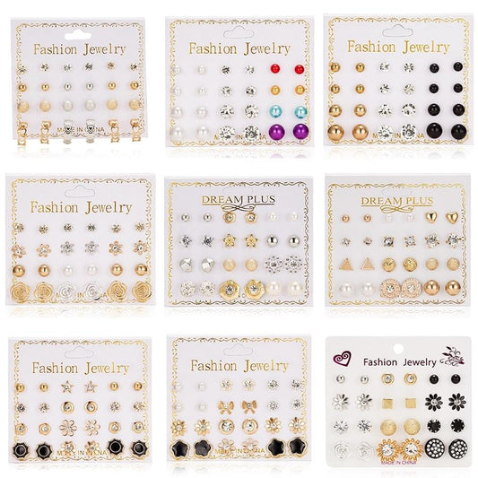 12 paires/ensemble boucles d'oreilles ensemble avec carte boules de Zircon transparentes amour fleurs boucles d'oreilles femmes imité perle boucles d'oreilles bijoux